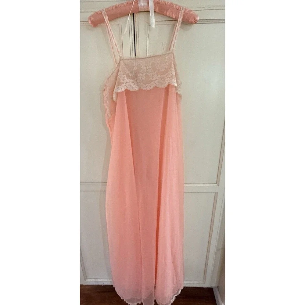 VTG Janelle Nightgown Pink/Coral Lace Bodice Floor Length Maxi Slip Dress